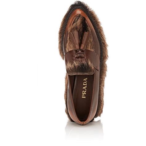 prada women's fur-trimmed leather platform loafers|prada high heeled loafers.